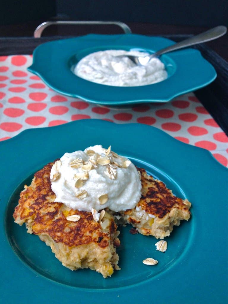 Oatmeal Griddle Cakes with Whipped Honey Ricotta - These filling, protein-rich griddle cakes combine whole grains, dairy and fruit in one, delicious breakfast. Via @JBraddockRD