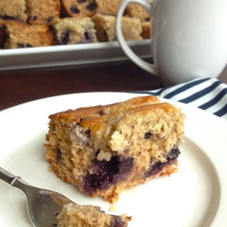 Blueberry Banana Mascarpone Coffee Cake - Blueberries and banana unexpectedly come together in this lightly sweet coffee cake. #MakeHealthyEasy via @JBraddockRD