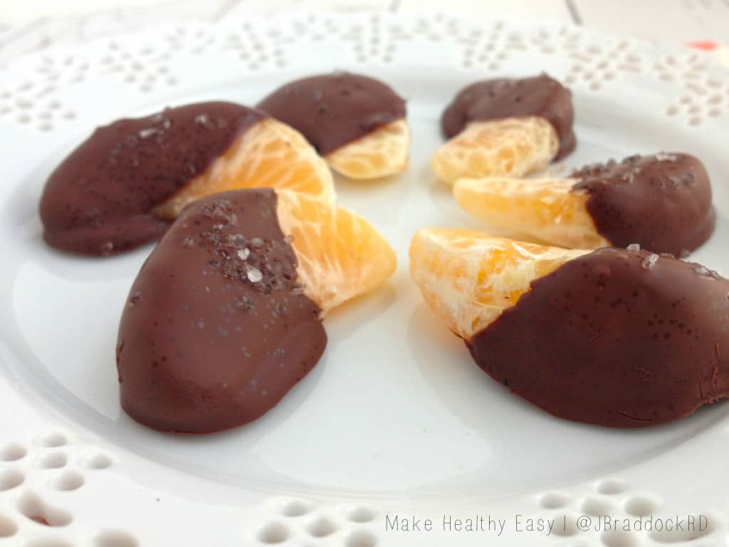 Salty Dark Chocolate Dipped Mandarins - Looking for a single serving, healthy dessert? Try these easy dark chocolate dipped mandarins, sprinkled with a pinch of course sea salt and walnuts. #MakeHealthyEasy | @JBraddockRD