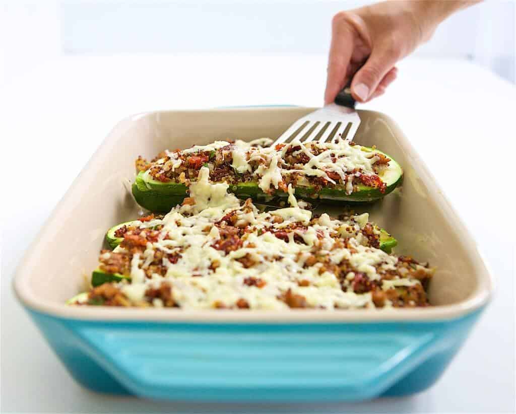 stuffed zucchini in baking dish