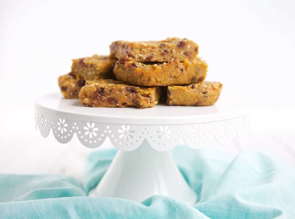 hidden honey snack bars on a cake stand