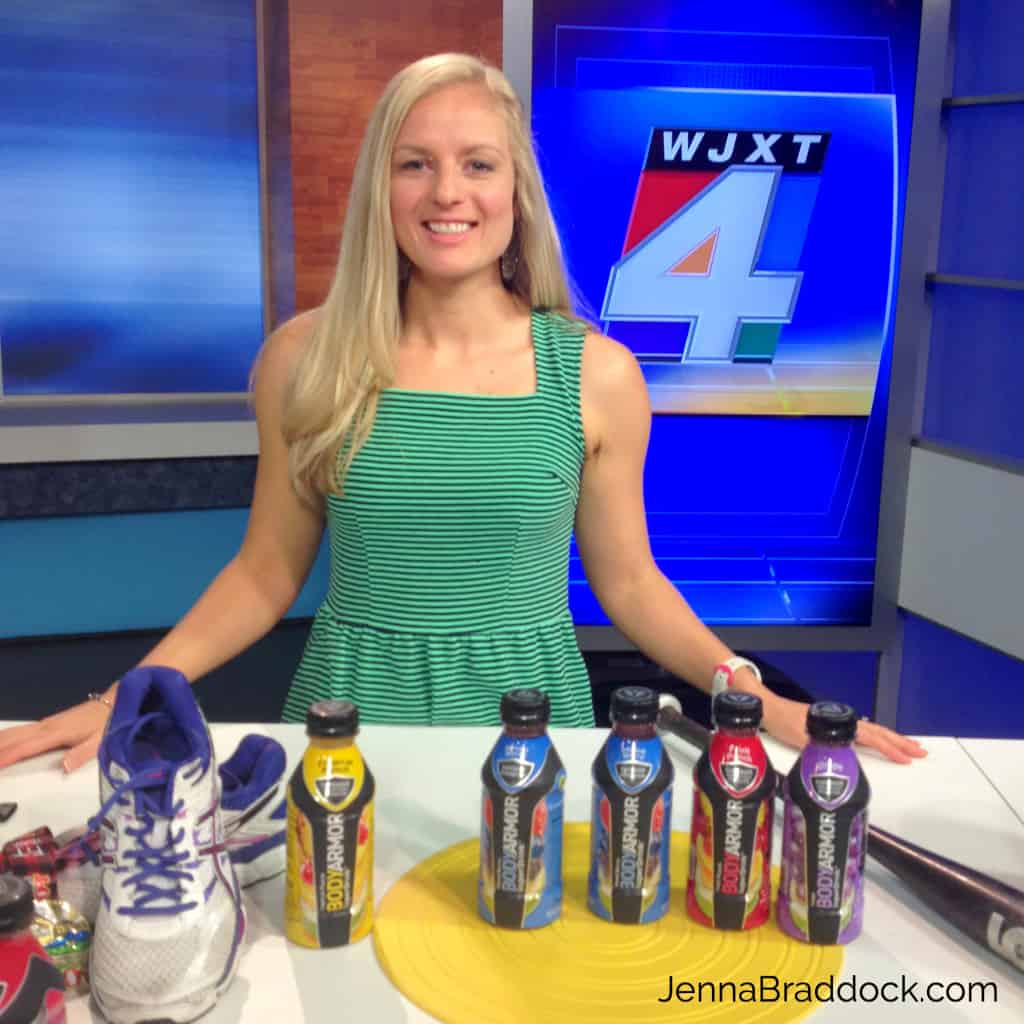 all natural fuel for running and sports. Jenna on a TV set with BodyArmor products