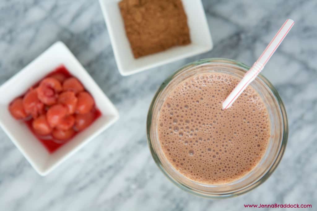 overhead view of chocolate tart cherry recovery smoothie