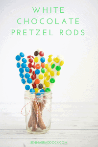 These White Chocolate Dipped Pretzel Rods are so easy that you will never need to buy a sweet treat for a party or special gift again. Serve them open in a mason jar or individually wrapped for a reasonable, beautiful dessert. #MakeHealthyEasy via @JBraddockRD http://JennaBraddock.com