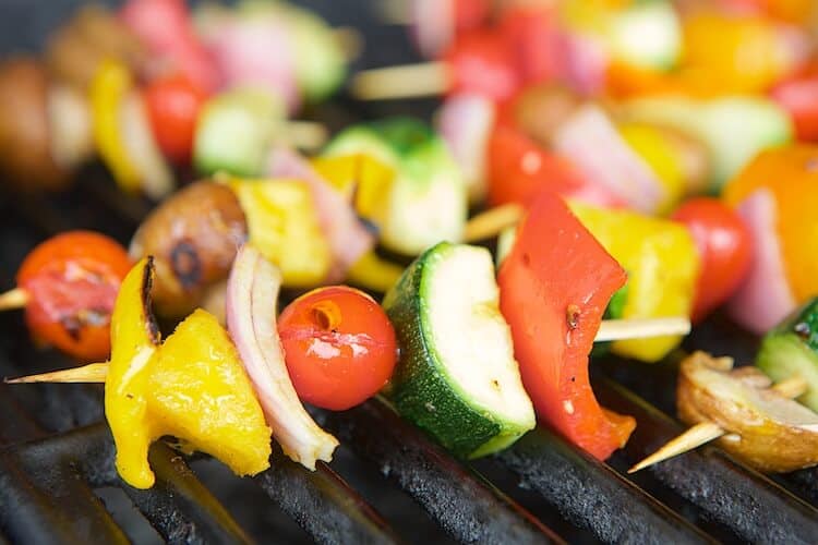 fruit and vegetable kabobs on the grill