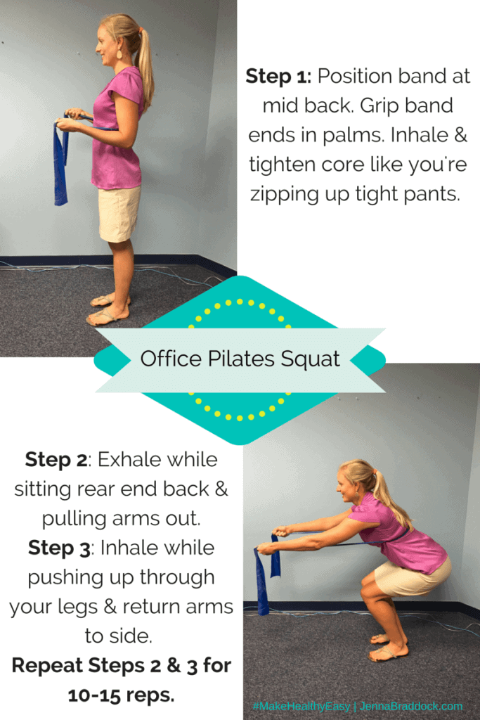 If you're stuck sitting at your desk all day, everyday, then try this easy office friendly pilates exercise that you can do right at your work desk. #MakeHealthyEasy #WorkoutWednesday via @JBraddockRD http://JennaBraddock.com