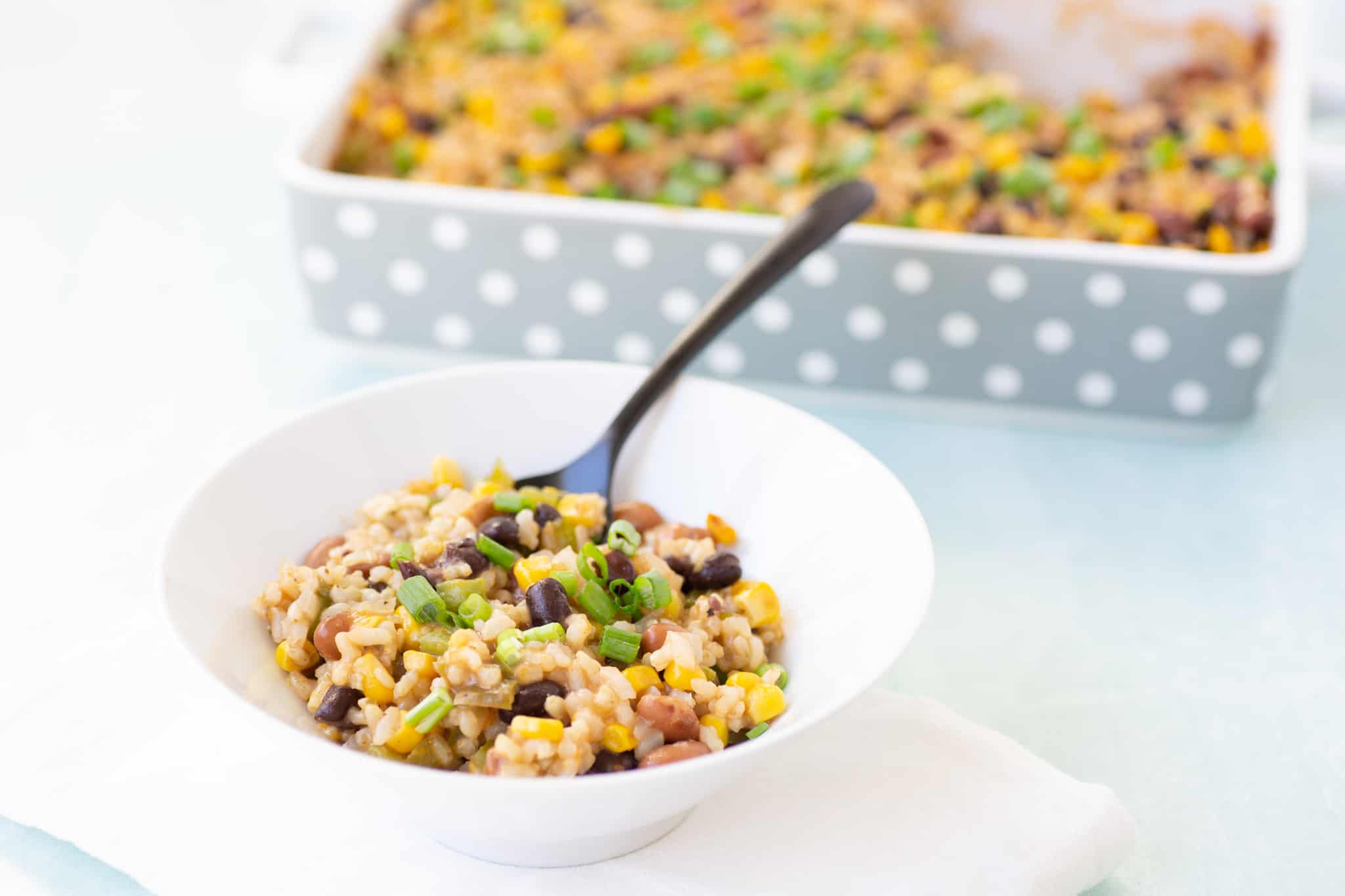Vegetarian rice and bean casserole in a bowl