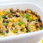 This Vegetarian Rice & Bean Casserole is an easy and healthy solution for getting dinner on the table. It can be made ahead and frozen so it's extremely quick to throw together. #MakeHealthyEasy via @JBraddockRD http://JennaBraddock.com