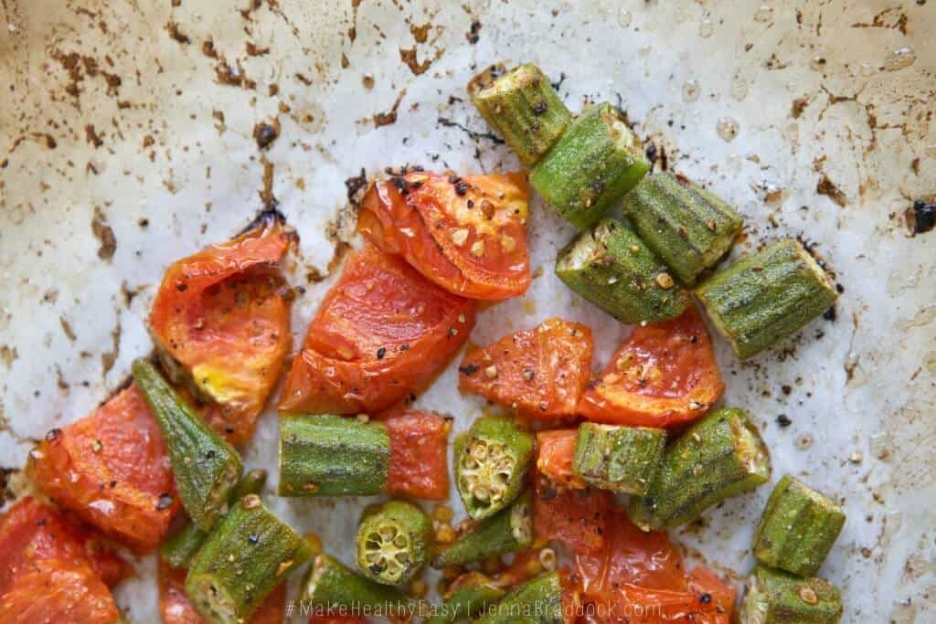 Easy roasted okra and tomatoes on a sheet pan