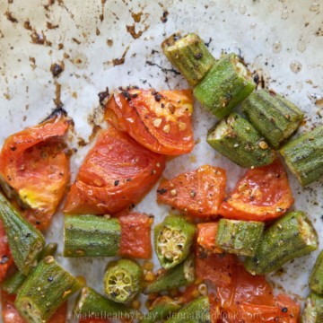If you think you don't like okra, think again. This easy Roasted Okra & Tomatoes recipe transforms the humble southern vegetable into a non-slimy vegetable treat. #MakeHealthyEasy via @JBraddockRD http://JennaBraddock.com