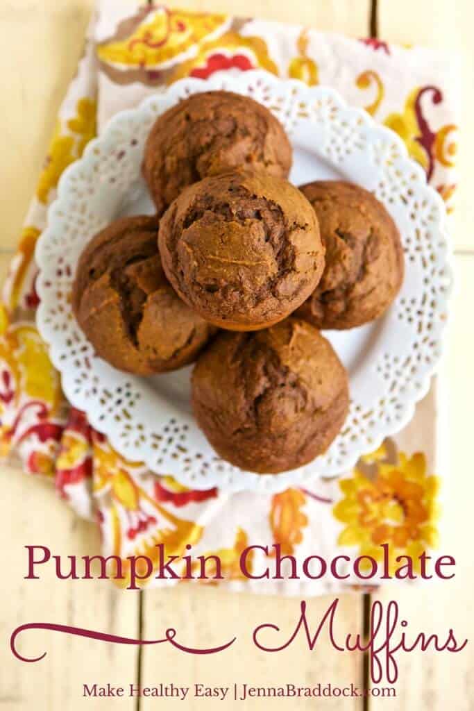 No one should choose between healthy, pumpkin and chocolate. Have it all with these Healthy Pumpkin Chocolate Muffins. #MakeHealthyEasy via @JBraddockRD https://jennabraddock.com