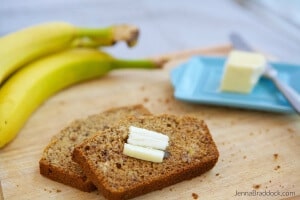Whole Wheat Banana Nut Bread Recipe - the perfect way to use up ripe bananas, get healthy nuts into your diet, and not need your stretchy pants afterwards. #MakeHealthyEasy via @JBraddockRD http://JennaBraddock.com