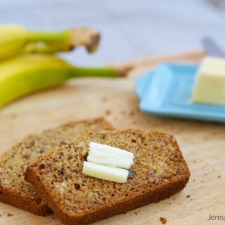 Whole Wheat Banana Nut Bread Recipe - the perfect way to use up ripe bananas, get healthy nuts into your diet, and not need your stretchy pants afterwards. #MakeHealthyEasy via @JBraddockRD http://JennaBraddock.com