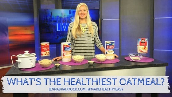 What is the healthiest oatmeal? Jenna standing by 4 types of oatmeal and a crock pot.