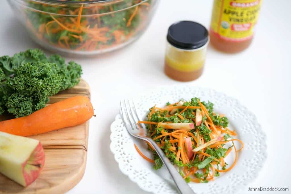 This Kale, Apple & Carrot Salad with Apple Cider Vinegar Honey Dressing is super simple to make and kid friendly. It is a tasty way to help your family enjoy raw veggies and receive the benefits of raw apple cider vinegar. #MakeHealthyEasy