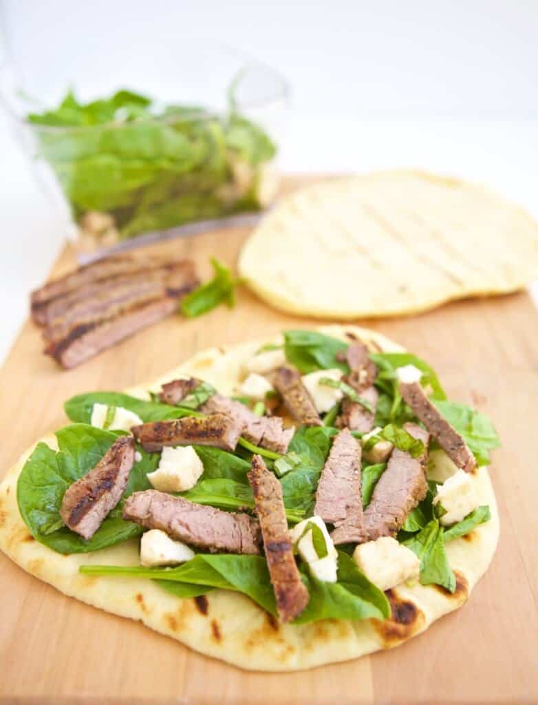 Steak meets salad meets pizza in this easy and healthy recipe for Grilled Steak and Mozzarella Flatbread.