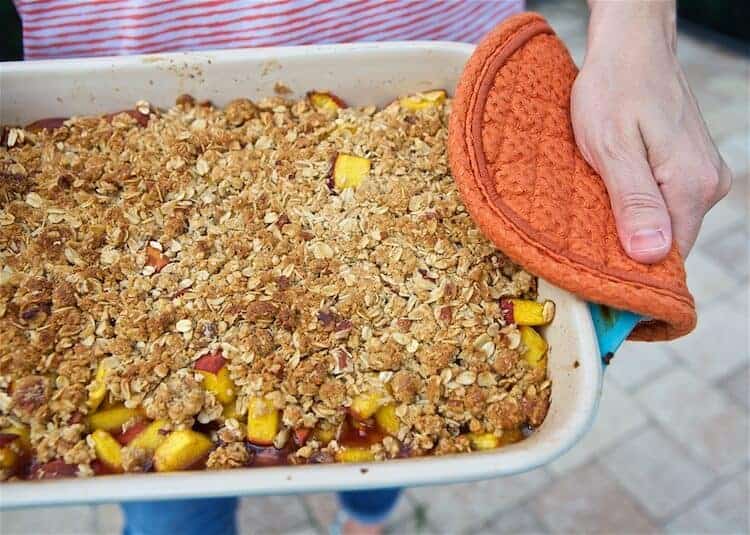 easy peach crisp fresh out of the oven
