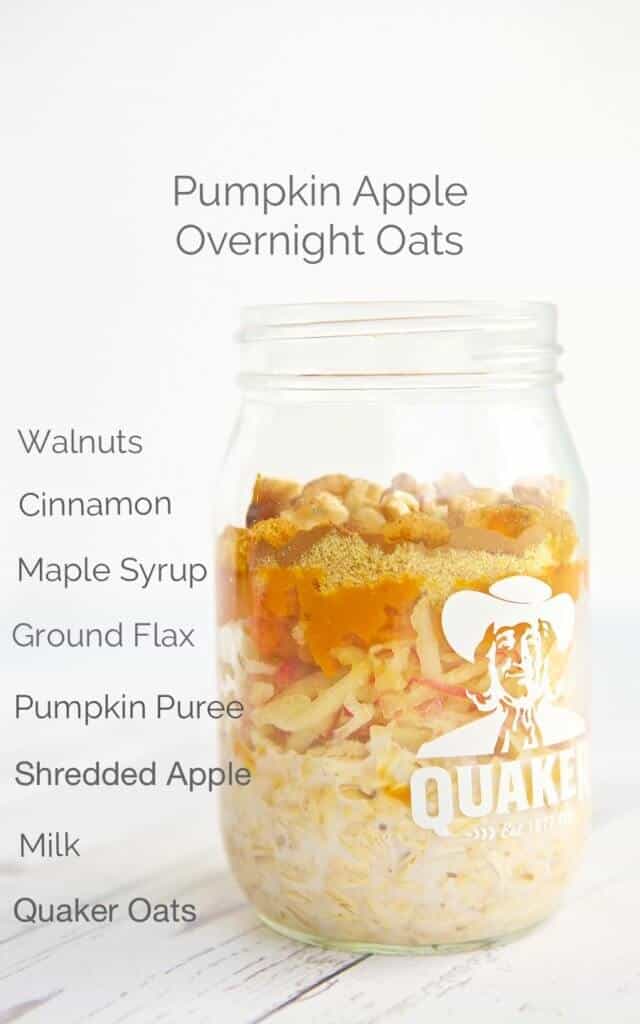 ingredients list next to a jar of pumpkin spice apple overnight oats 