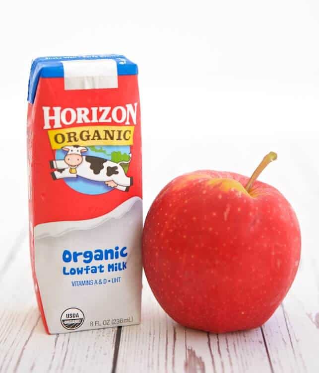 Horizon organic low fat milk and an apple