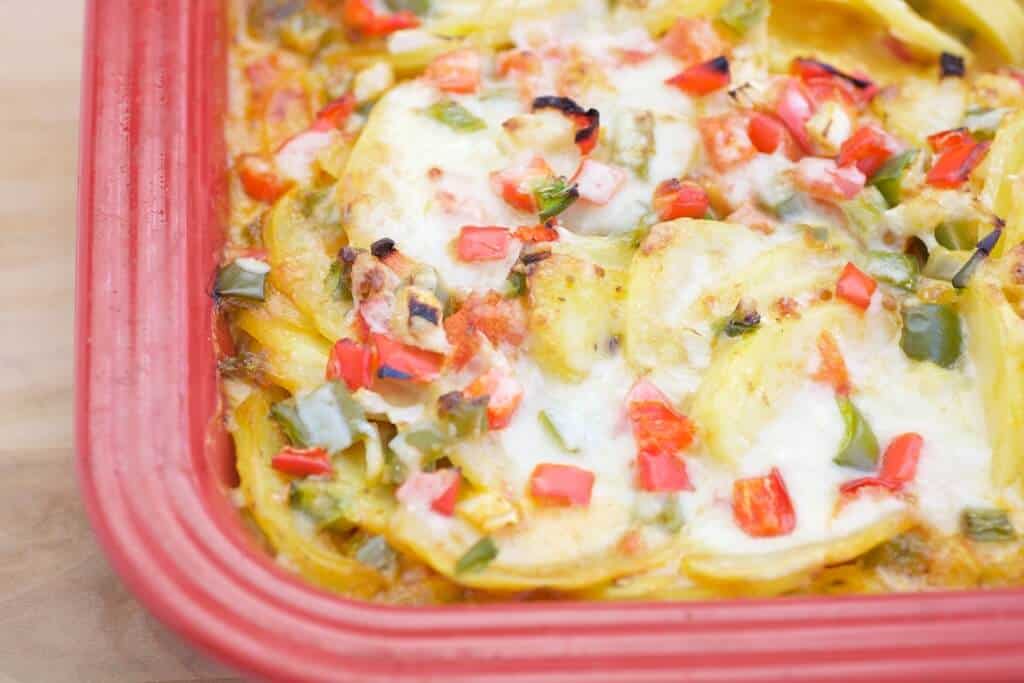 close up photo of pesto potato gratin