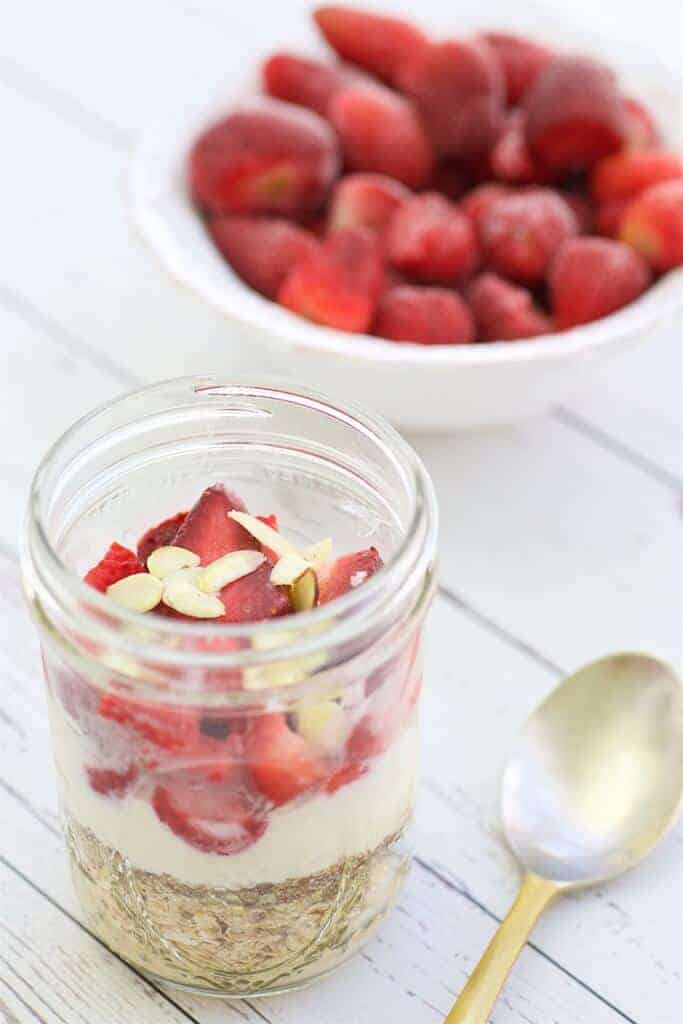 Strawberry Vanilla Overnight Oats are easy to make ahead and delicious to enjoy for any meal on the go. These oats are filling thanks to the fiber and protein in Greek yogurt. 