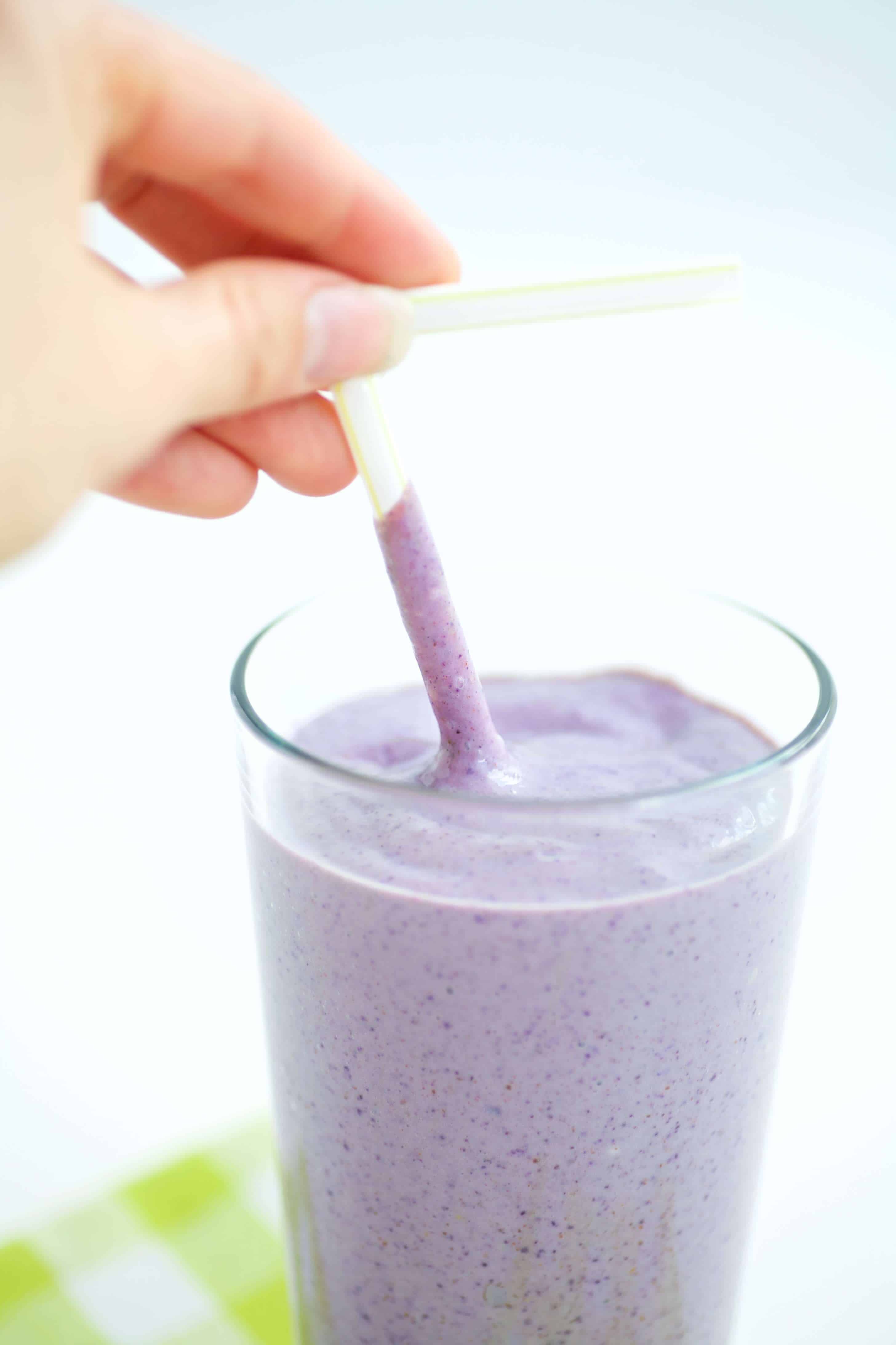 Blueberry Nighttime Smoothie for Athletes up close showing thick consistency