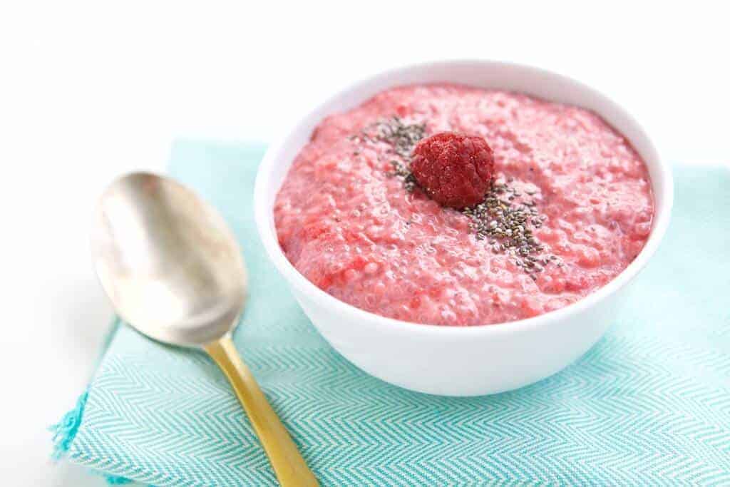 This 5 ingredient, easy Raspberry Chia Pudding is perfect for a chia newbie as a high fiber meal or snack. Customize it to your taste and preference.