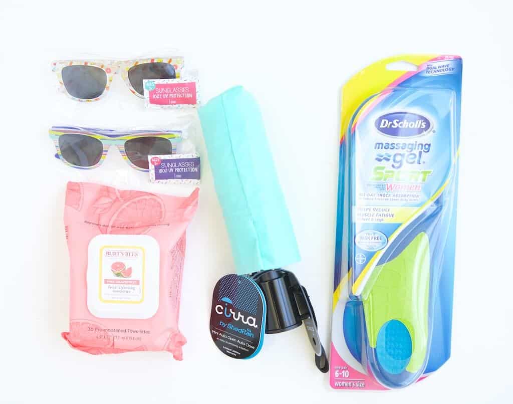 sunglasses, gel shoe inserts, travel umbrella