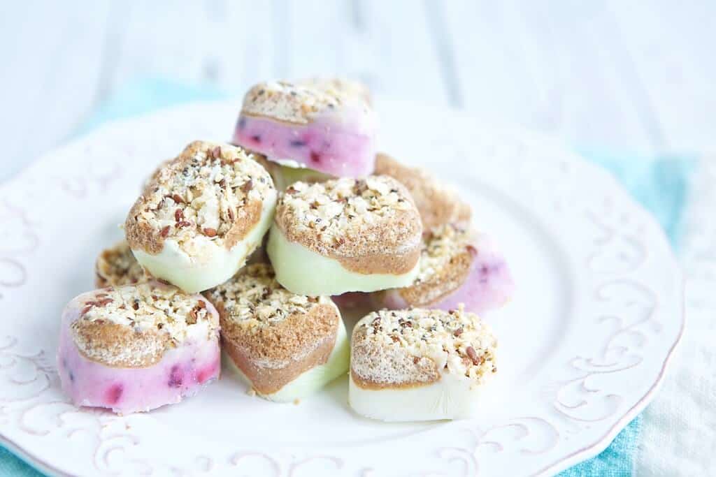 Crunch Frozen Yogurt Snack Bites stacked on a plate.