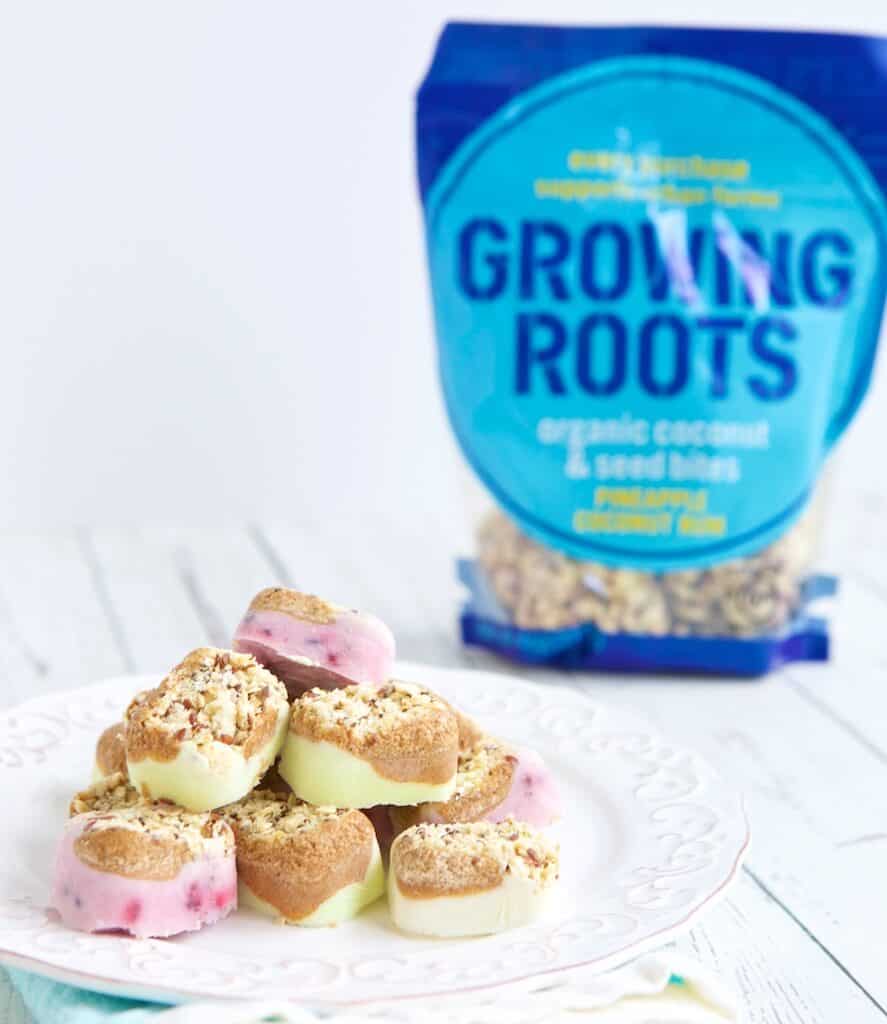 Crunchy Frozen Yogurt Snack Bites in front of a Growing Roots bag
