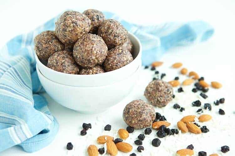 Blueberry coconut energy balls in a bowl