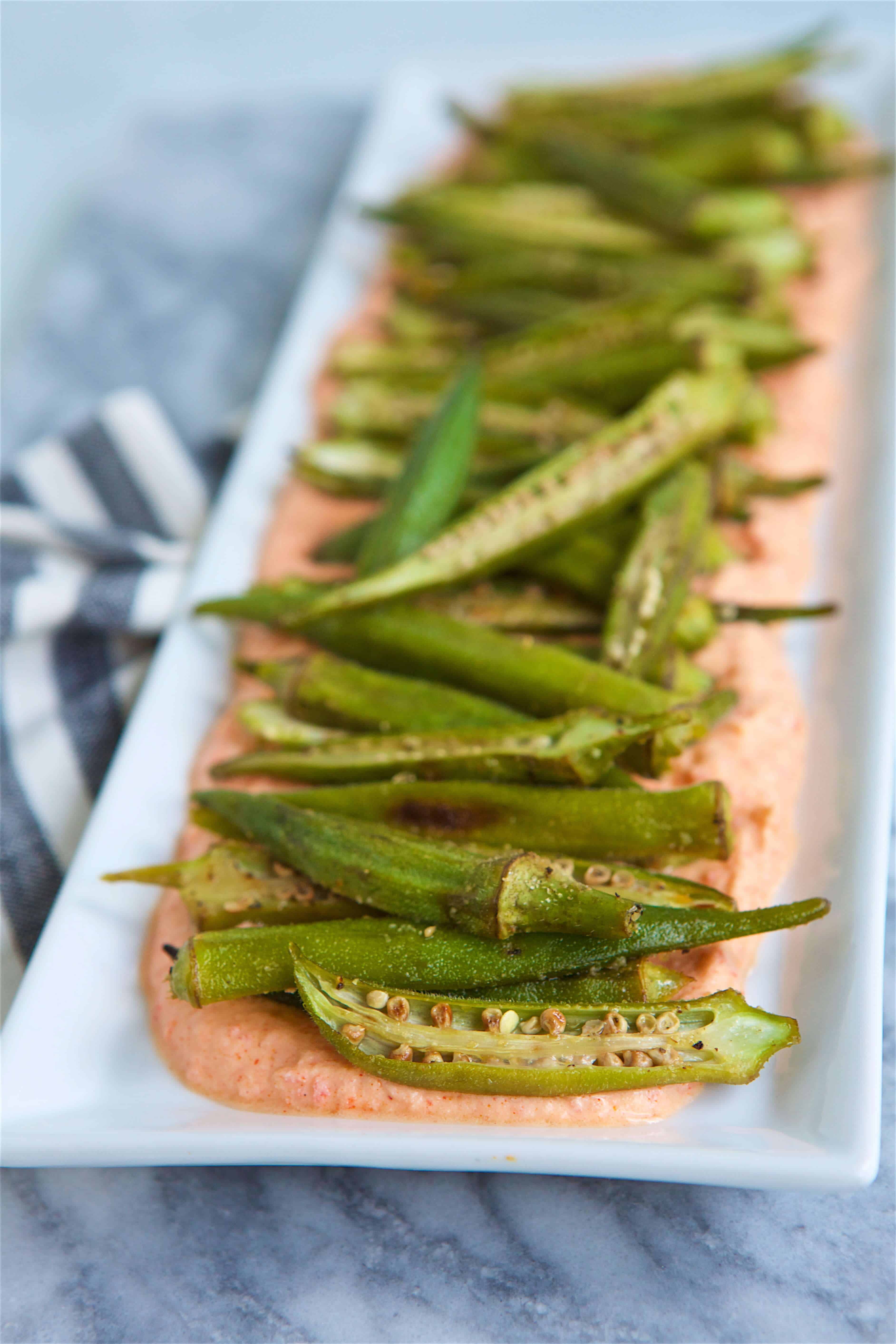 roasted okra with smoky red pepper ricotta 