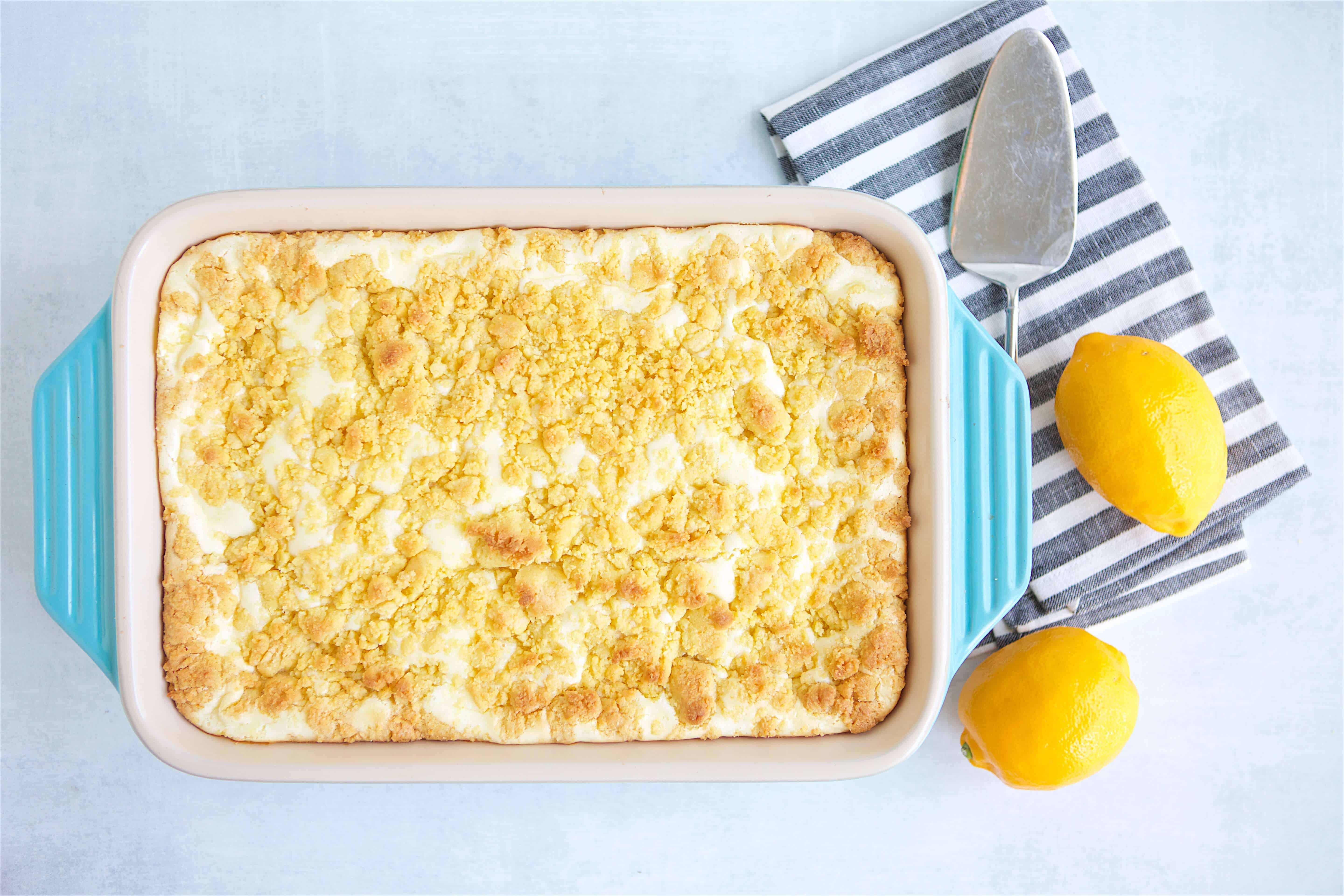 lemon cream cheese bars in a dish before they have been sliced.