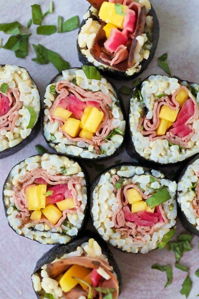 Mango Basil Beef sushi roll up close