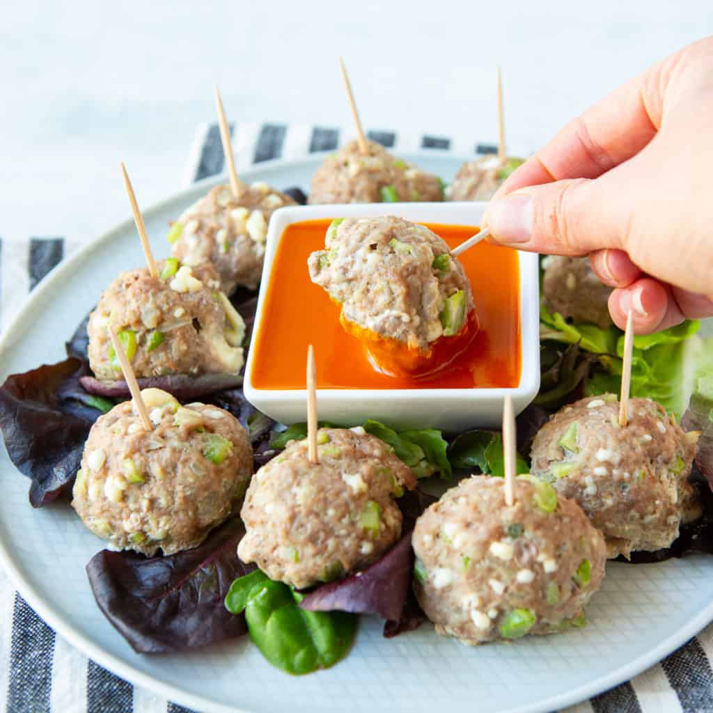 Super bowl make ahead appetizer recipes Buffalo turkey meatballs dipped in sauce