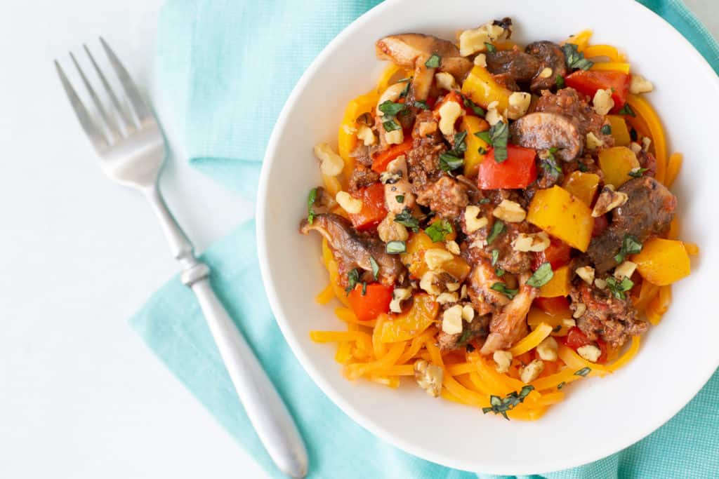 healthy beef veggie skillet in a bowl with fork