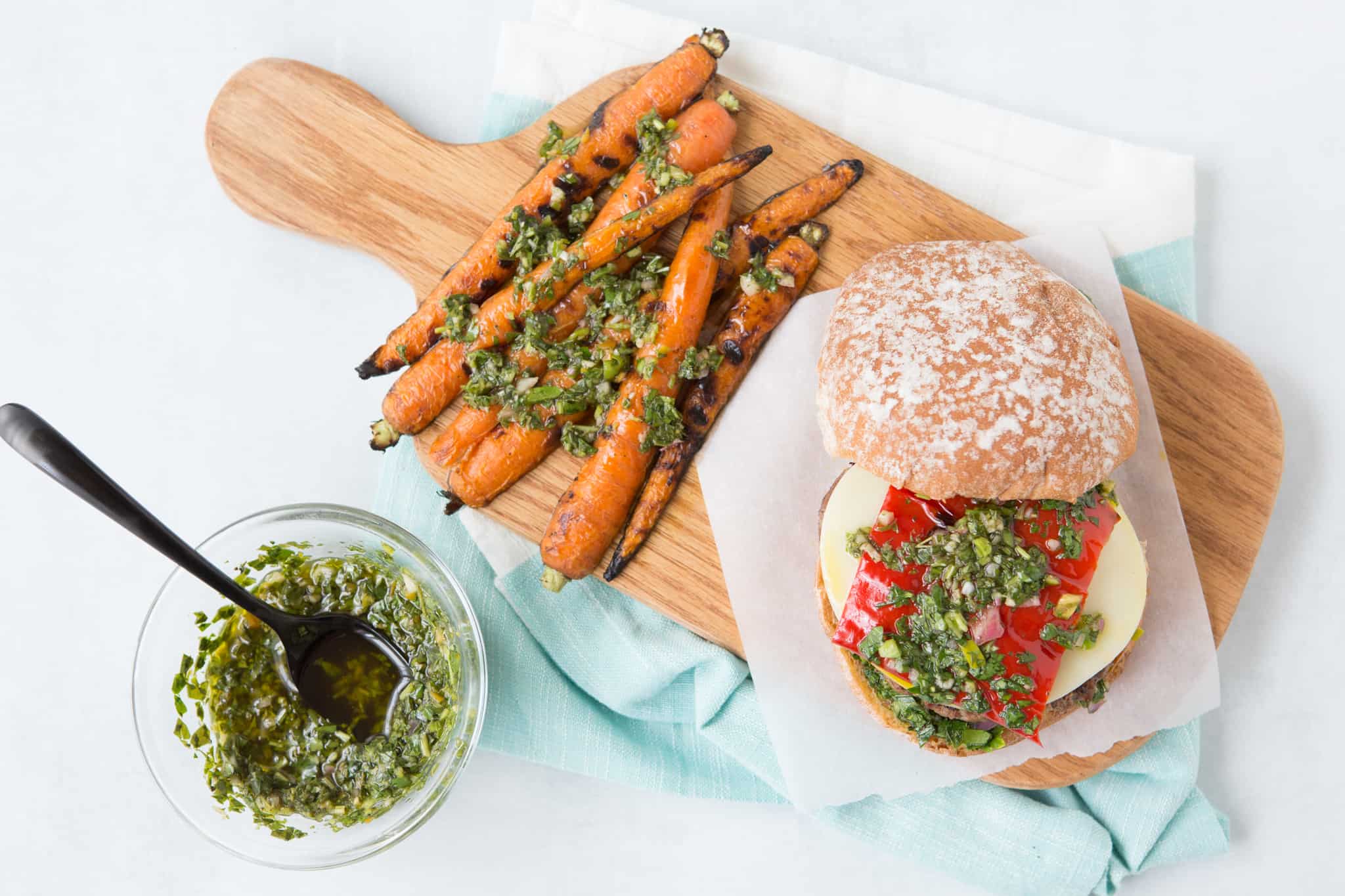 chimichurri burger with grilled carrots side
