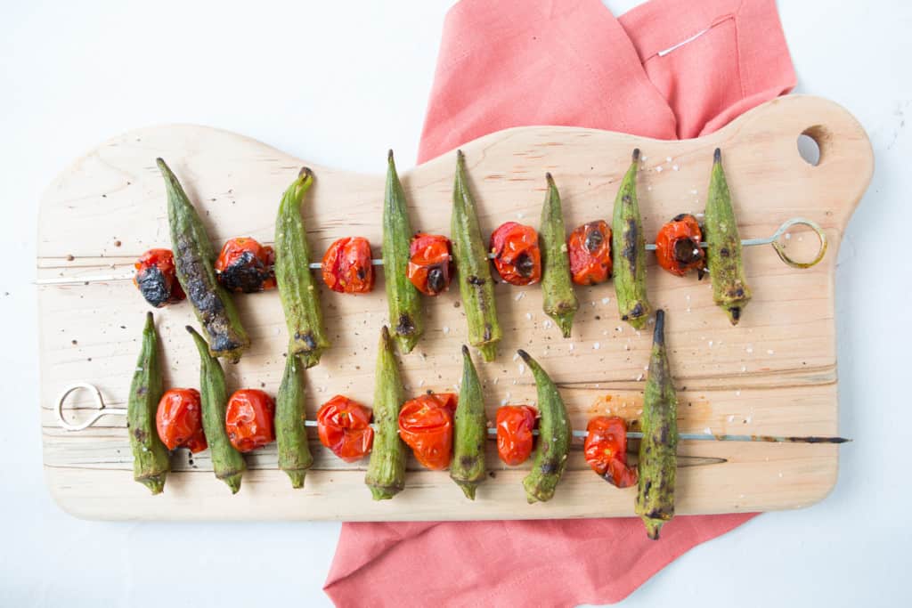 Grilled okra and tomatoes