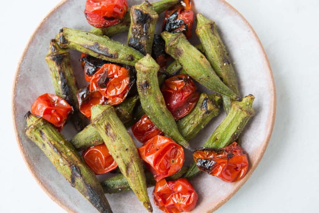 Grilled okra and tomatoes