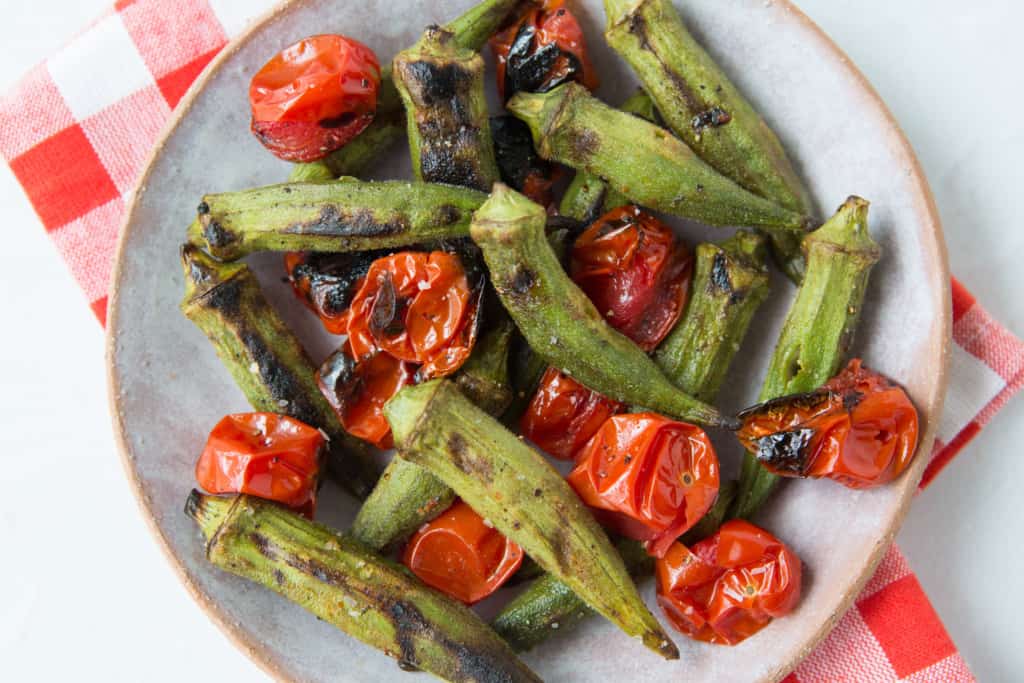 Grilled Okra and tomatoes