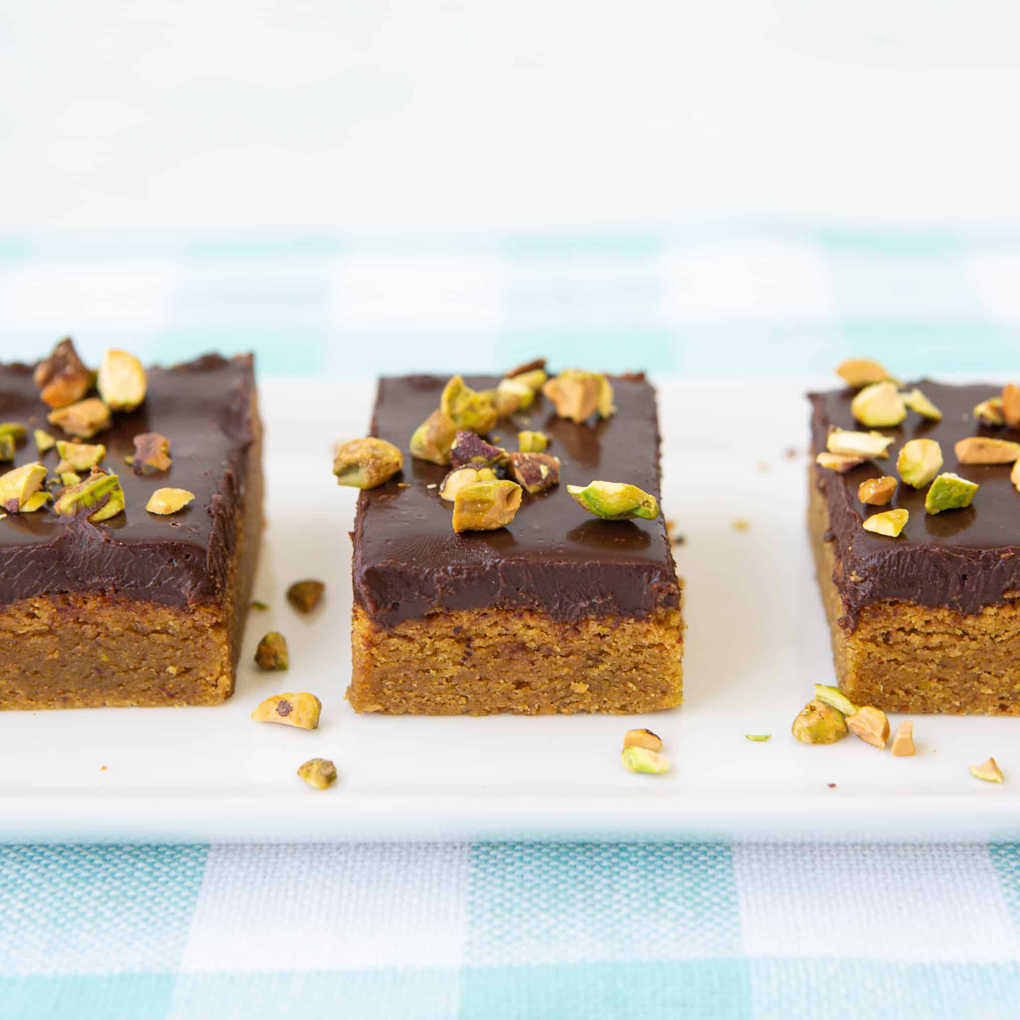 Pistachio Blonde Brownies with Chocolate Ganache