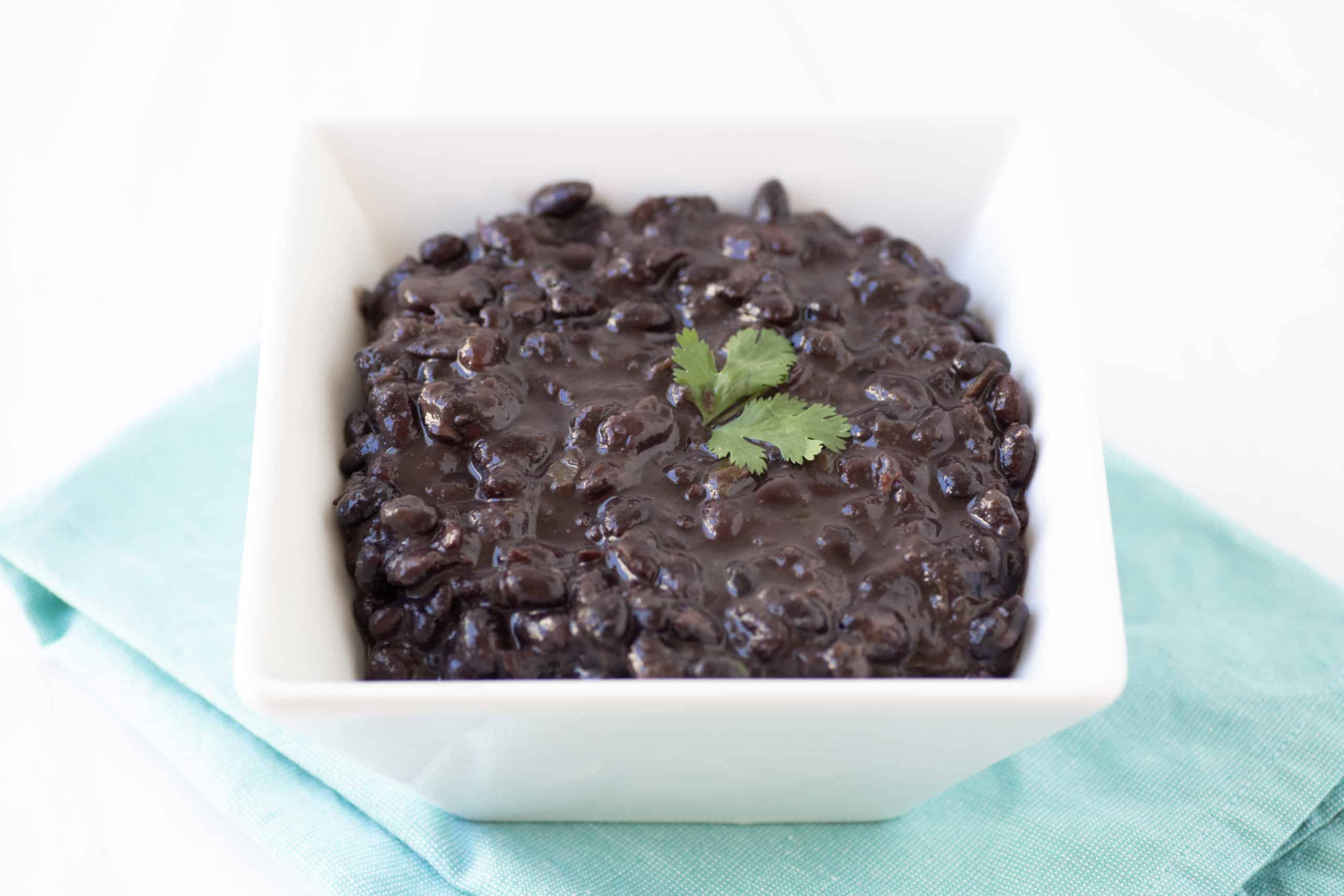 black beans in a bowl topped with a piece of cilantro