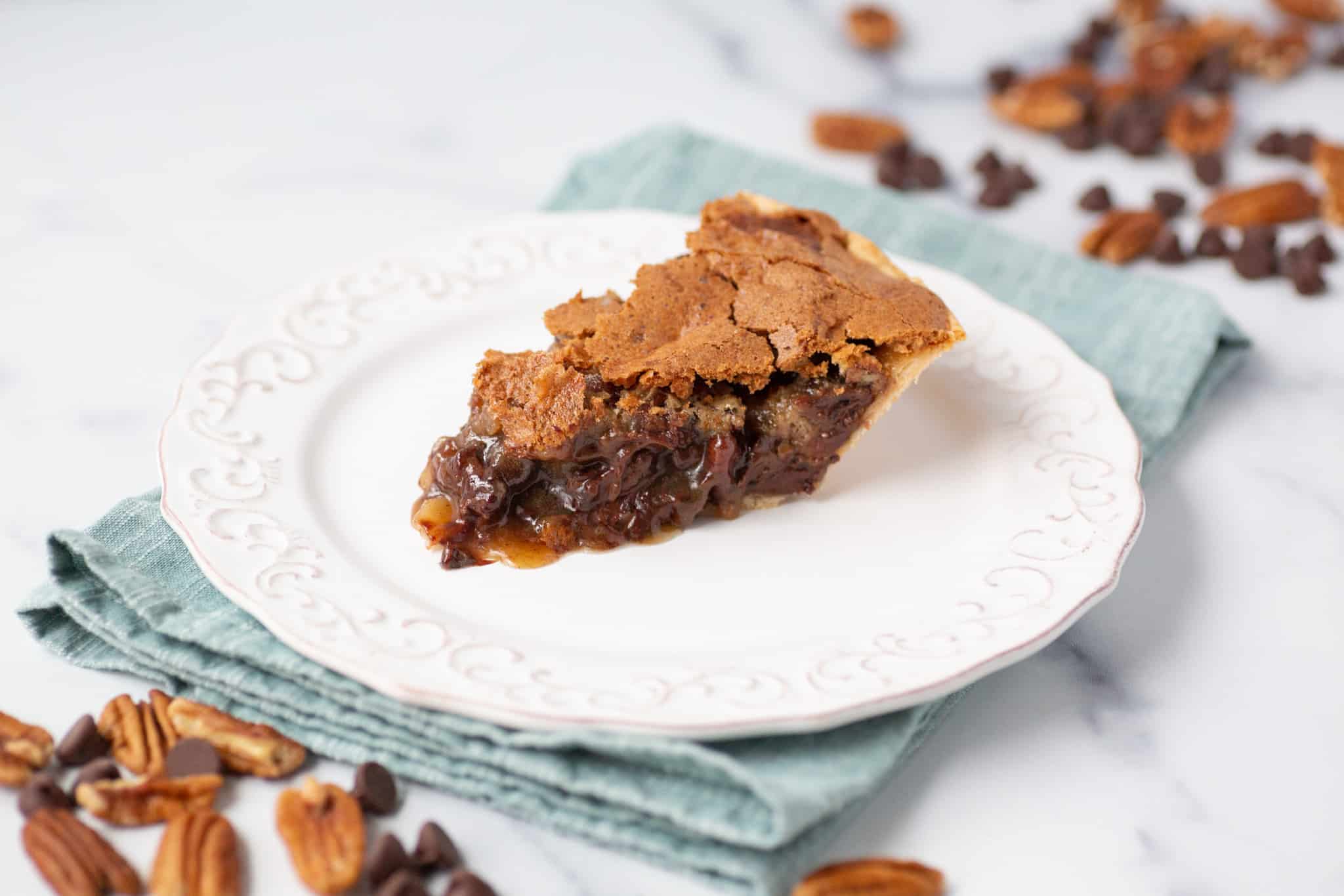 chocolate chip pecan pie with a gooey texture