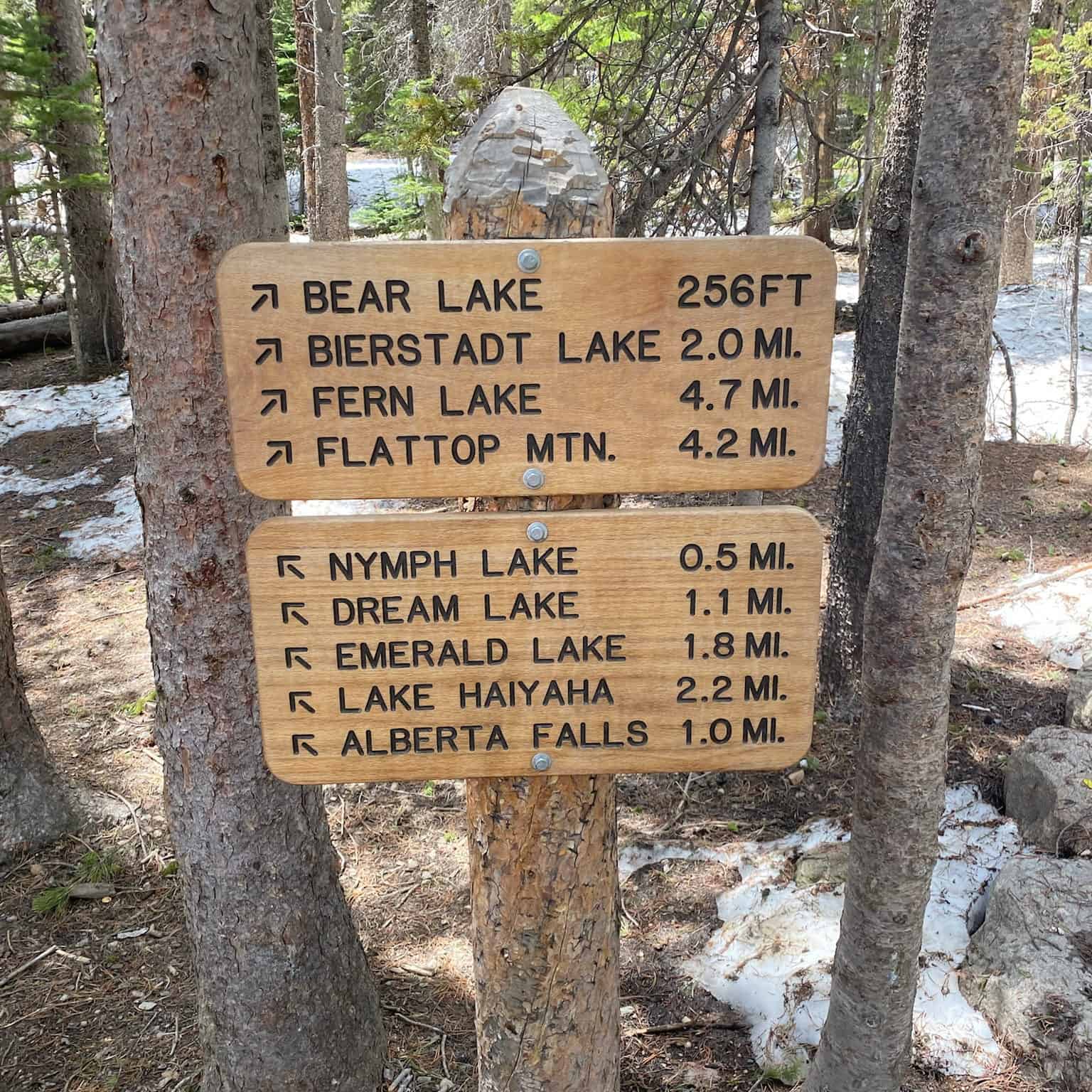 The different hikes to do in Rocky Mountain National Park in Estes Park Colorado. Listed on the sign amid trees and snow is: bear lake 256 ft, Bierstadt Lake 2.0 mi, Fern Lake 4.7 mi, Flattop Mtn. 4.2 mi, Nymph Lake 0.5 mi, Dream Lake 1.1 mi, Emerald Lake 1.8 mi, Lake Haiyaha 2.2 mi, Alberta Falls 1.0 mi
