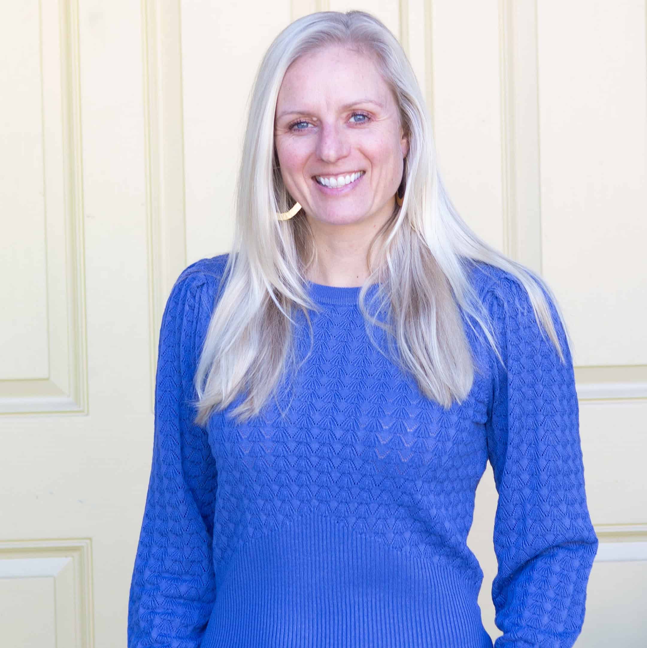 Jenna in a blue sweater from Stitch Fix 